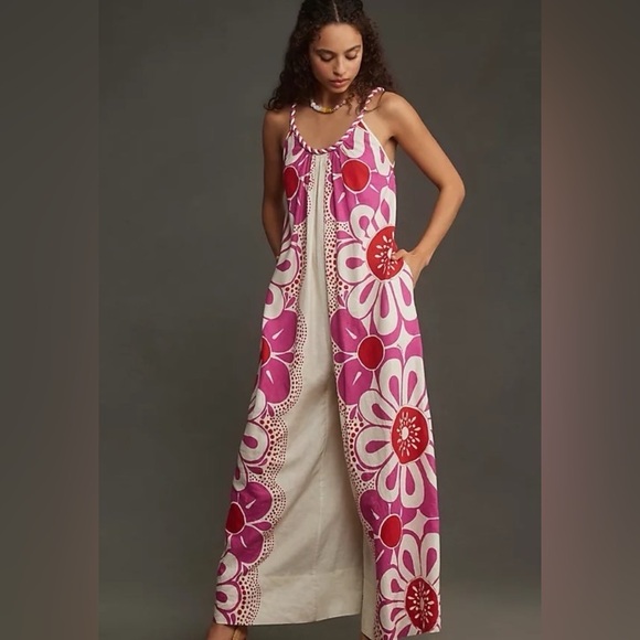 FARM Rio Pants - Farm Rio Maia Rope Trim Linen Blend Jumpsuit size Large